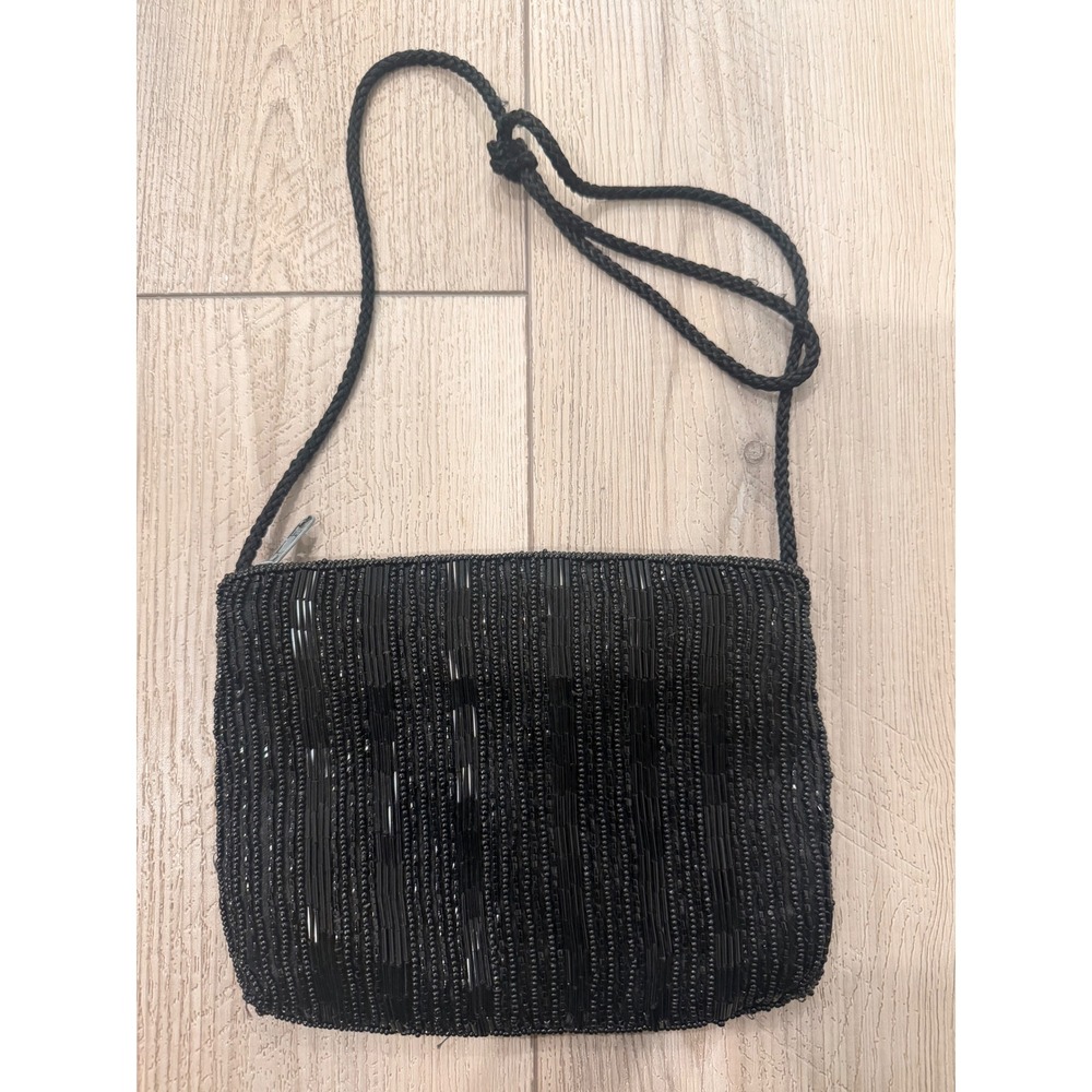 Vintage Black Beaded Crossbody Bag Evening Purse Bugle Bead Shimmer Small Zipper